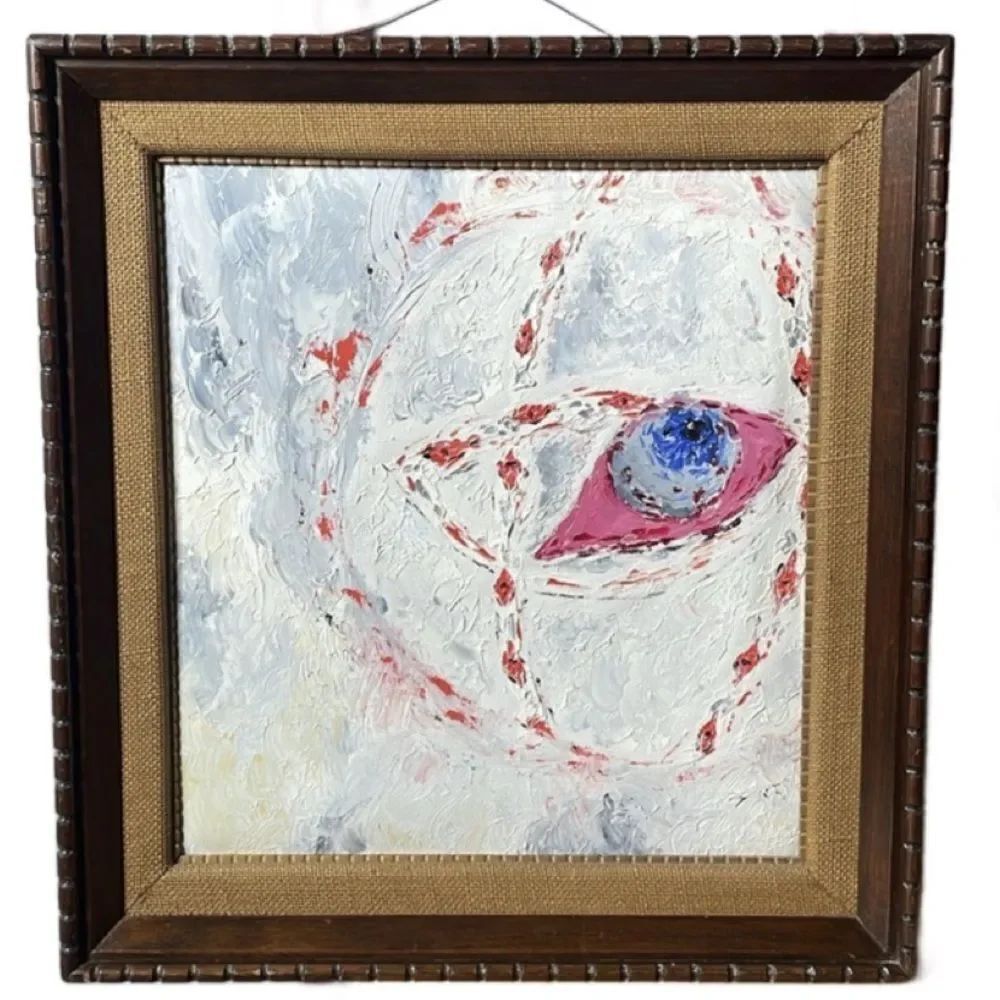 Abstract Original Acrylic Multicolored Painting w/Wooden Frame & Tweed Matting